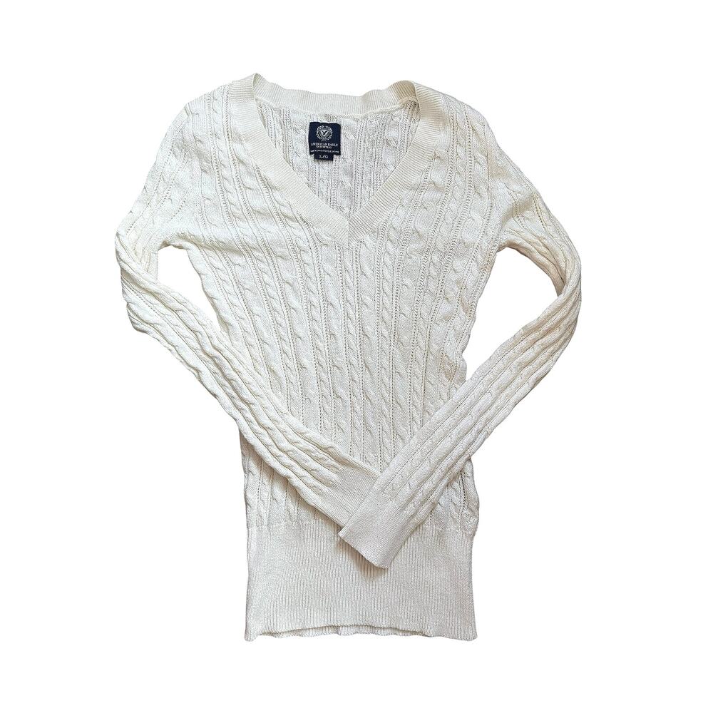American Eagle Cable Knit Sweater Cream V Neck Fitted Cottagecore Twilight